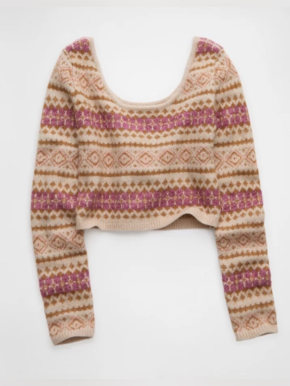 American Eagles Cropped Fair Isle Sweater – Cream with Pink Pattern - Picture 3 of 7